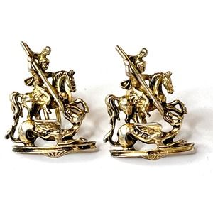VTG c1919 Coro SCREW BACK EARRINGS Dragon Slayer Horse Warrior CoroCraft Gold